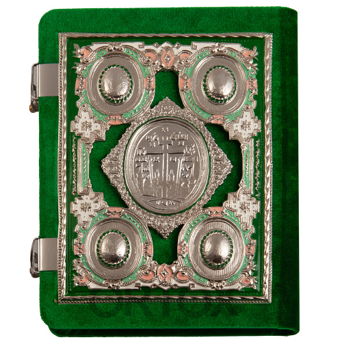 Евангелие требное среднее зелёное, оклад "под серебро", бархат, эмаль, 17х22 см фото 5