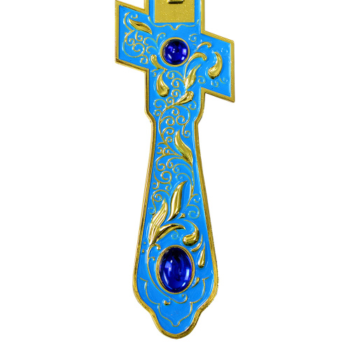 Крест напрестольный / требный, цинковый сплав, голубая эмаль, синие камни, 14,5х26 см фото 4 Крест напрестольный / требный, цинковый сплав, голубая эмаль, синие камни, 14,5х26 см фото 4