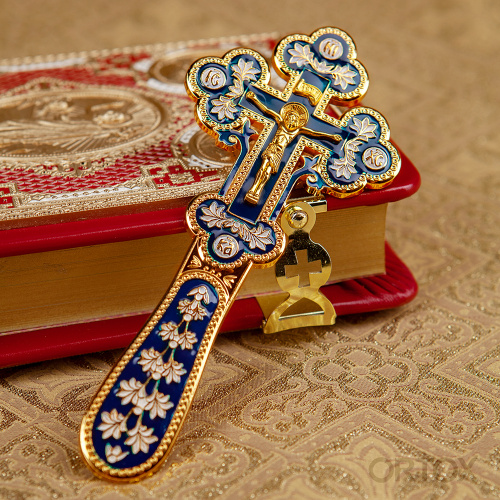 Крест требный латунный, синяя и белая эмаль, 7,5х17 см фото 8
