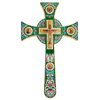 Крест требный четырехконечный, зеленая эмаль, камни, 17х29 см