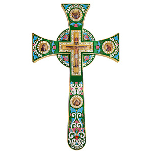 Крест требный четырехконечный, зеленая эмаль, камни, 17х29 см (без подставки)