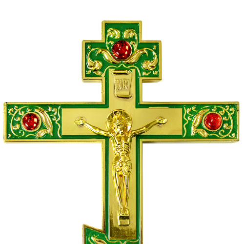 Крест напрестольный, зеленая эмаль, красные камни, 14х26 см фото 8