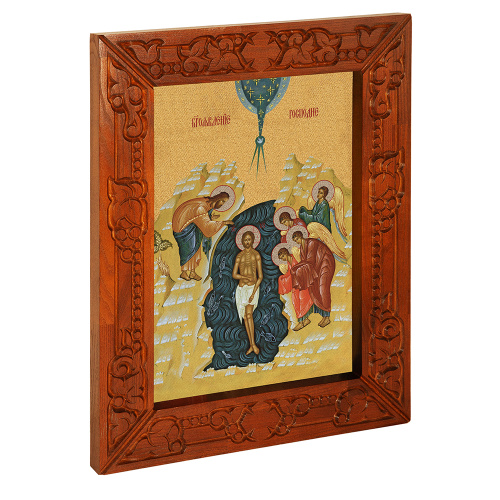Икона Крещения Господня (Богоявления), в узкой резной раме, цвет "кипарис", холст с золочением, ширина рамы 7 см