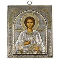 Икона великомученика и целителя Пантелеимона, AFON SILVER, 15х17 см, дерево, металл (античная риза)