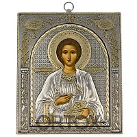 Икона великомученика и целителя Пантелеимона, настенная, AFON SILVER, 15х17 см, дерево, металл (античная риза)