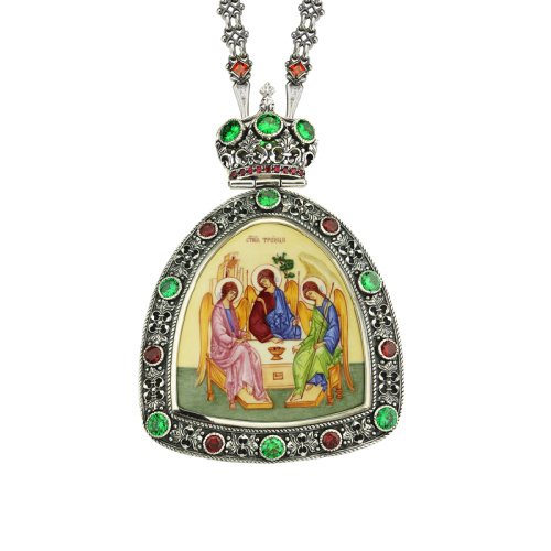 Панагия серебряная с финифтевым образом и цепью, чернение, фиолетовые фианиты, высота 13 см фото 2