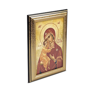 Икона Божией Матери "Феодоровская" в пластиковой рамке, черная с золотом, 13х1,5 х18 см (стекло, картон)