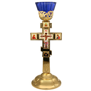 Лампада напрестольная "Распятие с иконами" из ювелирного сплава, позолота, 10,7х30 см (синий стаканчик)