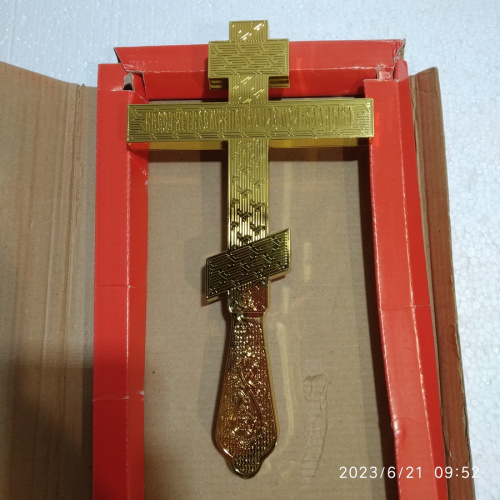 Крест напрестольный латунный синий, 14х26 см, красные камни, У-0634 фото 4