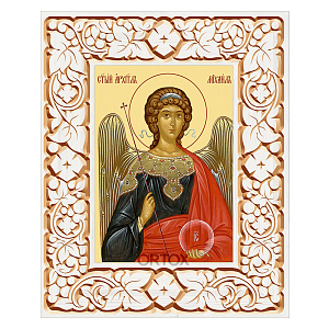 Икона Архангела Михаила в резной рамке, цвет "белый с золотом" (патина), ширина рамки 12 см (29,7x42 см (А3))