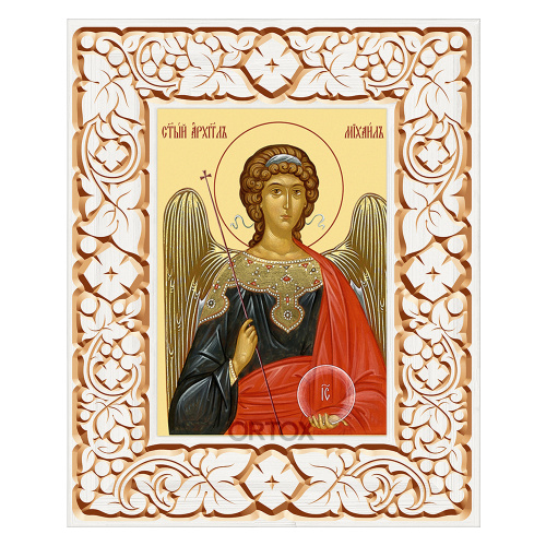 Икона Архангела Михаила в резной рамке, цвет "белый с золотом" (патина), ширина рамки 12 см