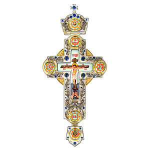 Крест наперсный латунный с украшениями, синие камни, 7х15 см (с цепью)