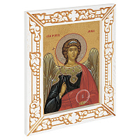 Икона Архангела Михаила, в узкой резной раме, белая с золотом (патина), холст с золочением, ширина рамы 7 см