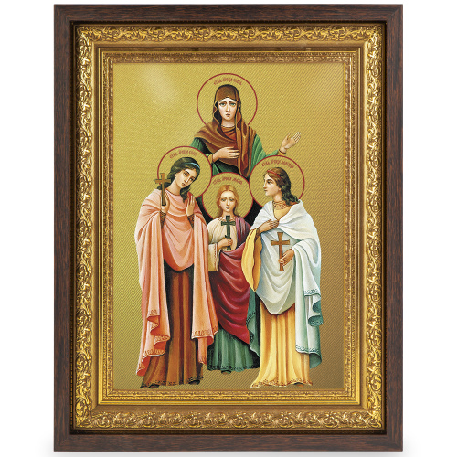 Икона святых мучениц Веры, Надежды, Любови и матери их Софии, в широком багете, цвет "темный дуб", на холсте, с золочением фото 2