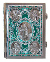 Евангелие напрестольное зелёное, полный оклад "под серебро", эмаль, 24х31 см, У-1148