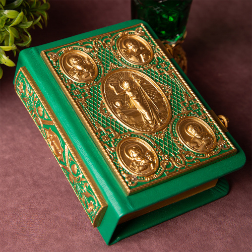Евангелие требное малое зеленое, оклад "под золото", кожа, эмаль, 12х16 см фото 2