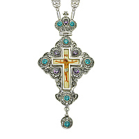 Крест наперсный серебряный, чернение, голубые и фиолетовые фианиты, с цепью, высота 13 см