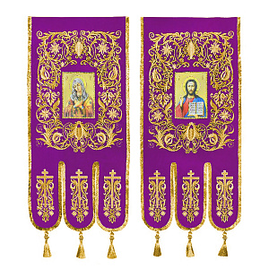 Хоругви вышитые фиолетовые, 66х138 см, комплект (атласный шелк, бахрома щетка, отделка "под золото")