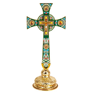 Крест требный четырехконечный, зеленая эмаль, камни, 17х29 см (с подставкой)