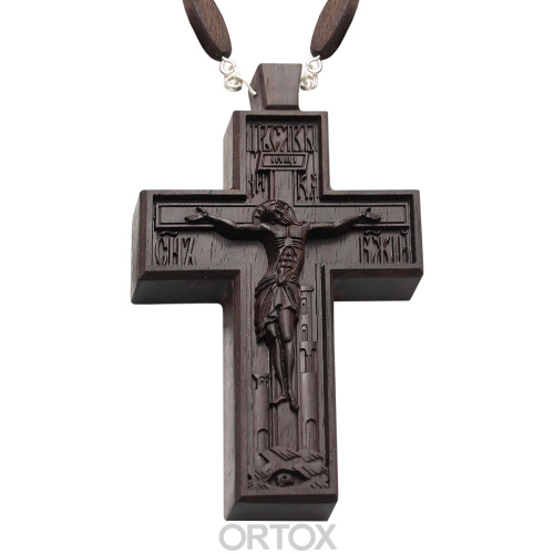 Крест наперсный протоиерейский деревянный темный резной, с цепью и мощевиками, 7х12 см