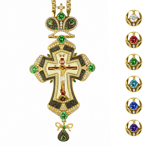Крест наперсный из ювелирного сплава в позолоте с цепью, фианиты, 8х17 см
