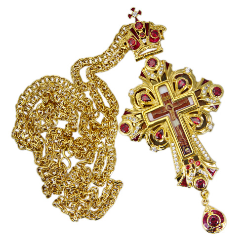 Крест наперсный из ювелирного сплава в позолоте с цепью, фианиты, высота 13 см фото 2