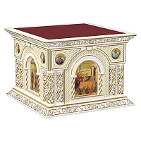 Облачение на престол "Романовское" с иконами белое с золотом (патина), 140х140х105 см