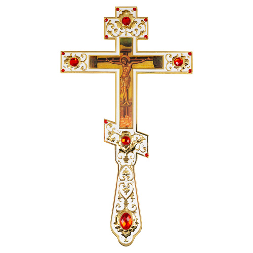 Крест напрестольный, цинковый сплав, белая эмаль, красные камни, 14,5х26 см, У-1328