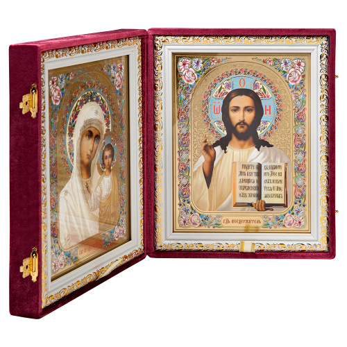 Складень венчальный с ликами Спасителя и Божией Матери "Казанская", цвет бургундия, бархат, конгрев, 20х24,5 см фото 3 Складень венчальный с ликами Спасителя и Божией Матери "Казанская", цвет бургундия, бархат, конгрев, 20х24,5 см фото 3
