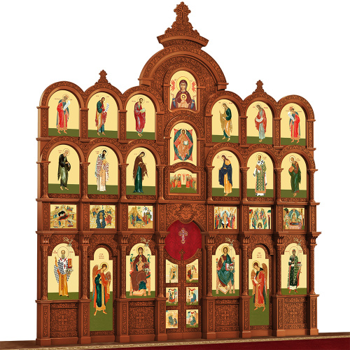 Иконостас деревянный резной "Владимирский" четырехъярусный, цвет "кипарис", 690х730х45 см