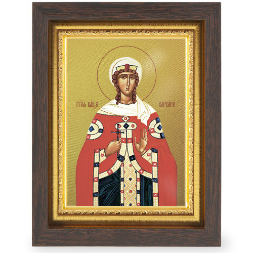 Икона великомученицы Варвары Илиопольской, в узком багете, цвет "темный дуб", на холсте, с золочением №2 фото 2