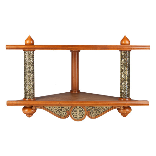 Полка для икон угловая двухъярусная, цвет орех, басменный декор, 63х33х38 фото 2