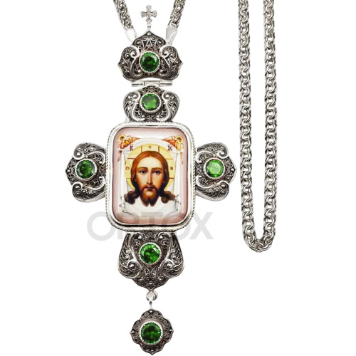 Крест наперсный из ювелирного слава, серебрение, фианиты, с цепью, 8х15 см фото 2