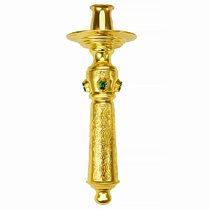 Подсвечник иерейский из ювелирного сплава в позолоте с травлением и фианитами, длина 20 см (зеленые фианиты)