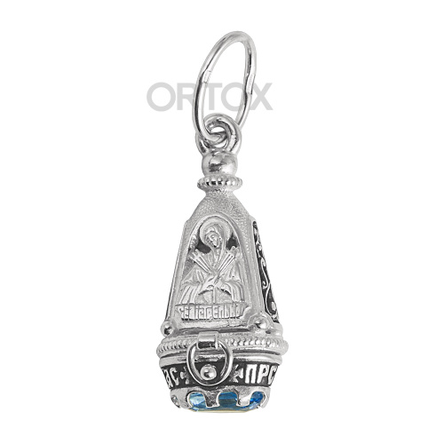 Образок-ладанка серебряный с ликом Божией Матери "Семистрельная", с фианитом, литье, частичное чернение