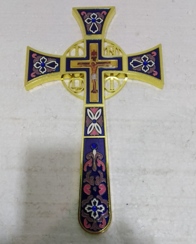 Крест требный четырехконечный, цинковый сплав, синяя эмаль, камни, 17х29 см, У-1318 фото 2