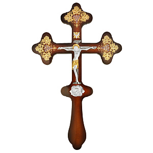 Крест напрестольный латунный в позолоте и серебрении на дереве, фианиты (в кожвиниловой упаковке)