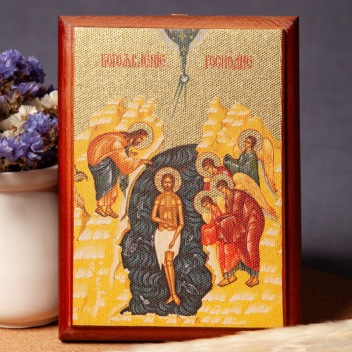 Икона Крещения Господня (Богоявления) на деревянной основе, цвет "кипарис", на холсте с золочением фото 4