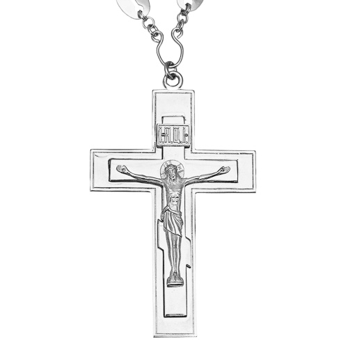 Крест наперсный латунный в серебрении с цепью, литье, 7,5х12 см