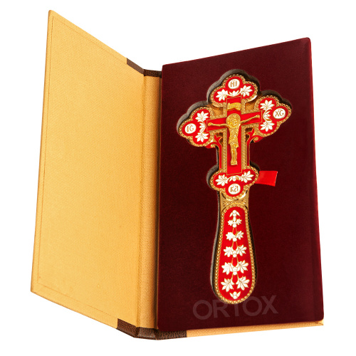 Крест требный латунный, красная и белая эмаль, 7,5х17 см фото 5