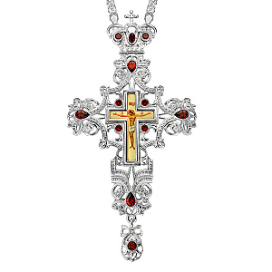 Крест наперсный серебряный, с цепью, красные фианиты, высота 16 см (вес 152,03 г)