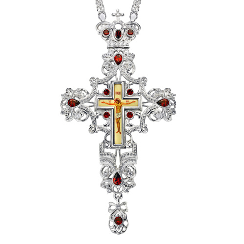 Крест наперсный серебряный, с цепью, красные фианиты, высота 16 см