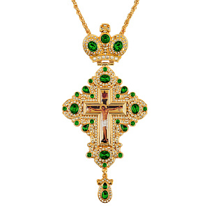 Крест наперсный с цепью, цинковый сплав, 8,5х18 см (зеленые камни)