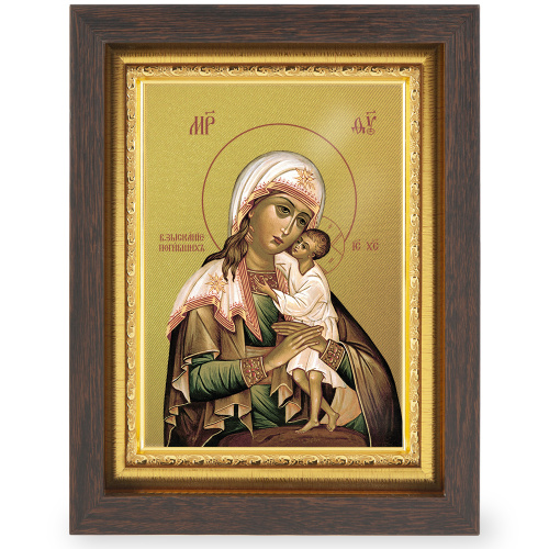 Икона Божией Матери "Взыскание погибших", в узком багете, цвет "темный дуб", на холсте, с золочением фото 2