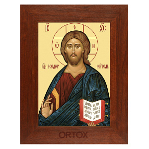 Икона Спасителя "Господь Вседержитель" в рамке, цвет "орех донской" (7,4х10,5 см (А7))