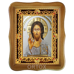 Икона Спасителя "Господь Вседержитель", 22х27 см, фигурная багетная рамка №2 (светлый киот)