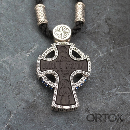 Нательный крест деревянный в серебряном окладе, 3,5х6,1 см, с ликами святых фото 5