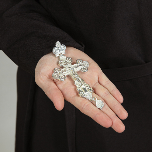 Крест наперсный латунный в серебрении, 6х12,5 см фото 4