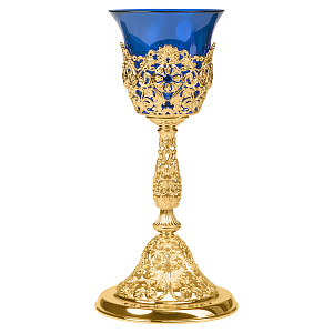 Лампада напрестольная из ювелирного сплава в позолоте, фианиты, 13х26,5 см (голубой стаканчик, голубые фианиты)