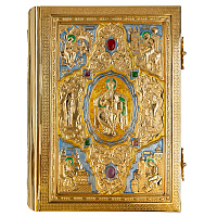 Евангелие напрестольное, латунный оклад в позолоте, камни, эмаль, 29х36 см